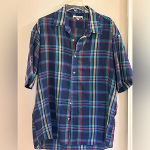 Hickey Freeman Navy Plaid Short Sleeve Button-Down Shirt